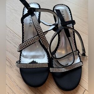 Vintage Rampage Rhinestone Heels ✨ Black Satin Strappy Sandals Size 9 Y2K Glam